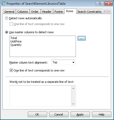 Capture d’écran de l’onglet Lignes des propriétés de l’élément Table InvoiceTable dans ABBYY FlexiLayout Studio, montrant l’option Utiliser des colonnes principales pour détecter les lignes sélectionnée, avec les colonnes Total, Prix unitaire et Quantité définies comme colonnes principales pour séparer les lignes.