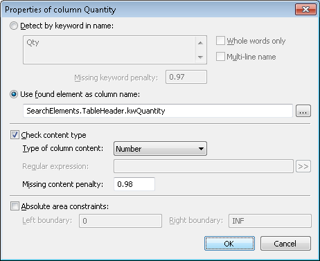 Capture d’écran des propriétés de la colonne Quantité dans ABBYY FlexiLayout Studio, montrant l’option Vérifier le type de contenu sélectionnée avec Nombre comme type de contenu de la colonne.