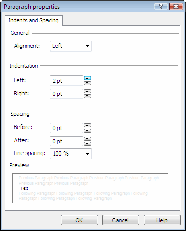 Capture d’écran de la boîte de dialogue Propriétés de paragraphe d’ABBYY FormDesigner.