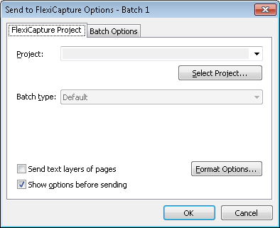 Screenshot of the Send to FlexiCapture options dialog box in the ABBYY FlexiCapture Scanning Station, showing the project selection, project type, and text-layer options for exporting a batch.