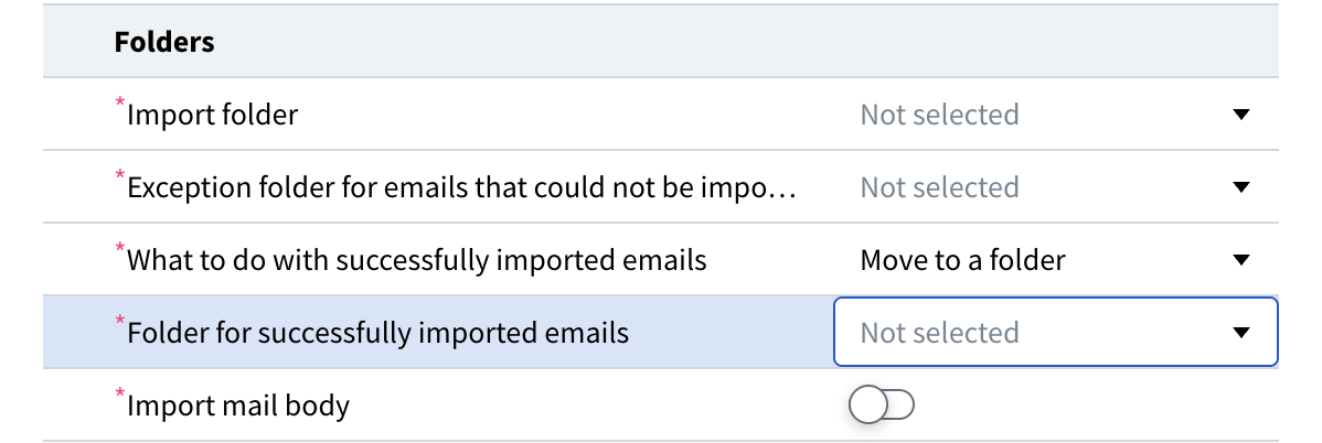 Folders section of the Input Settings: Email dialog box, with Move to a folder selected for successfully imported emails and the Folder for successfully imported emails field shown
