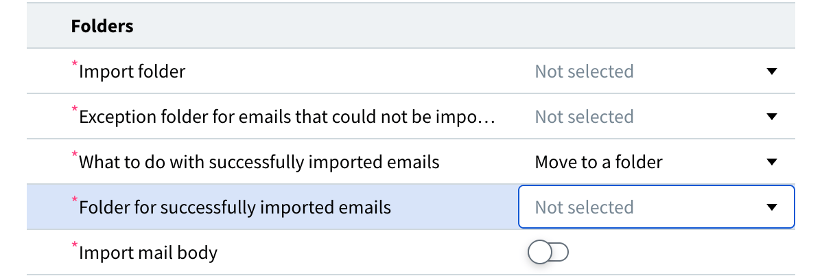 Folders section of the Input Settings: Email dialog box, with Move to a folder selected for successfully imported emails and the Folder for successfully imported emails field shown
