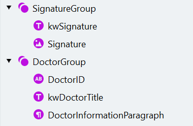 ベルギー・オランダ語の医師データ用search elementの階層: kwSignature と Signature を含む SignatureGroup、および DoctorID、kwDoctorTitle、DoctorInformationParagraph を含む DoctorGroup