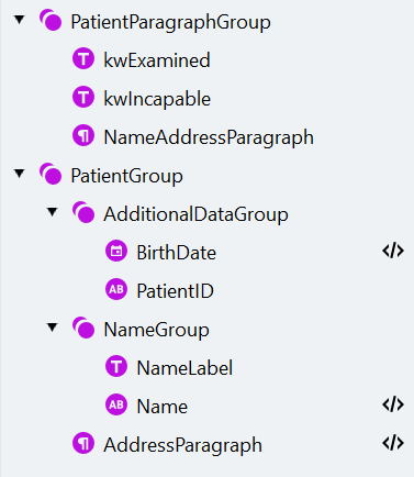 ベルギー・オランダ語の患者データに対する検索要素の階層: kwExamined、kwIncapable、NameAddressParagraph を含む PatientParagraphGroup と、AdditionalDataGroup、NameGroup、AddressParagraph を含む PatientGroup