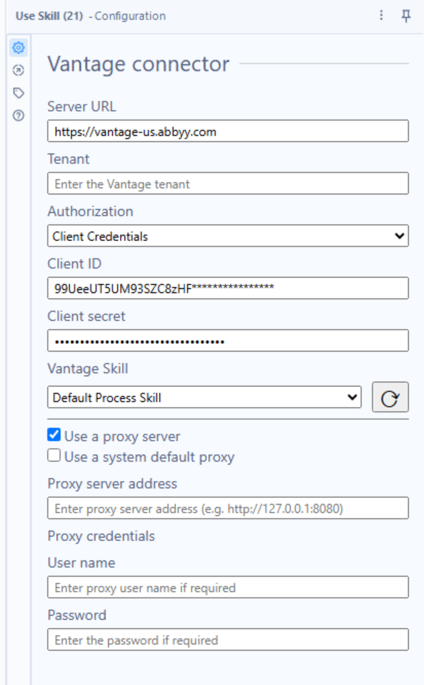 Vantage connector Configuration panel with Use a proxy server checked, showing Proxy server address and Proxy credentials fields