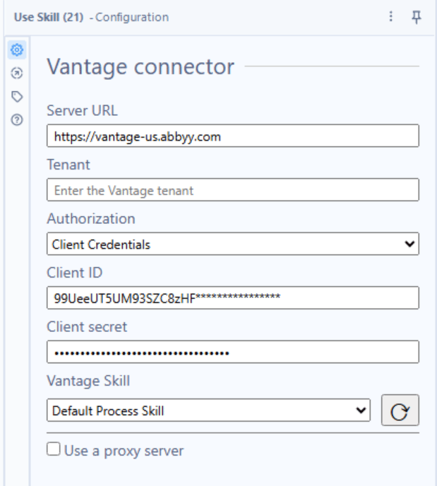 Vantage connector Configuration panel showing Server URL, User name, Password, Tenant, and Vantage Skill fields