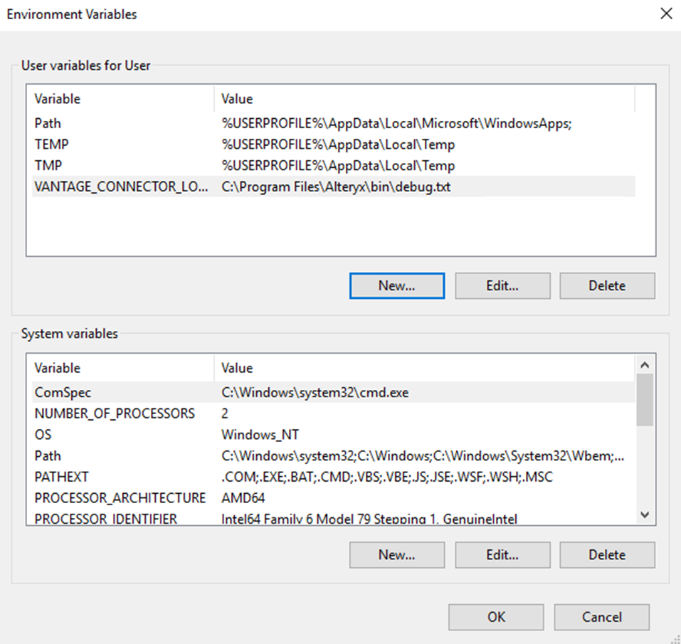 Windows Environment Variables dialog showing VANTAGE_CONNECTOR_LOG_FILEPATH set to C:\Program Files\Alteryx\bin\debug.txt in the User variables section