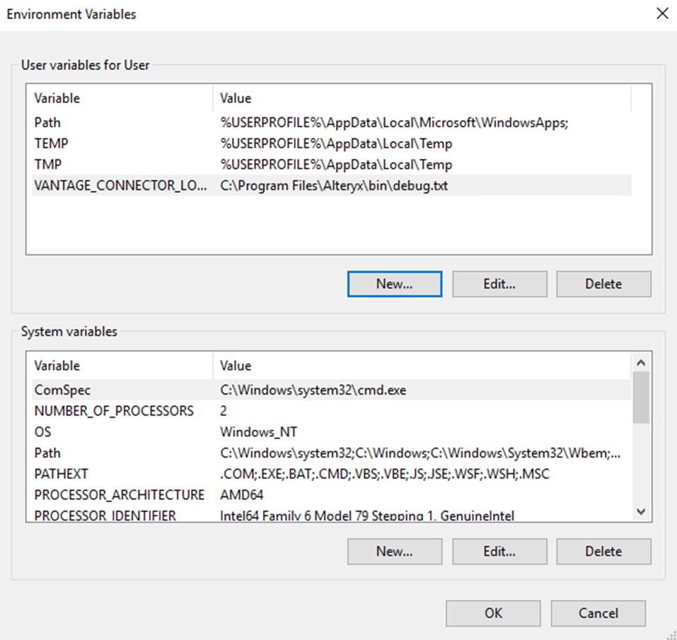 Windows Environment Variables dialog showing VANTAGE_CONNECTOR_LOG_FILEPATH set to C:\Program Files\Alteryx\bin\debug.txt in the User variables section