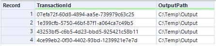 Get Result input table showing four rows with TransactionId GUIDs and OutputPath set to C:\Temp\Output