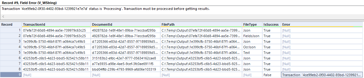 Get Result output table showing multiple rows with transaction IDs, document IDs, file paths, file types such as Json, FieldsJson, OcrJson, Txt, and IsSuccess values