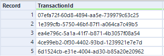 Get Status input table showing five rows of TransactionId GUID values