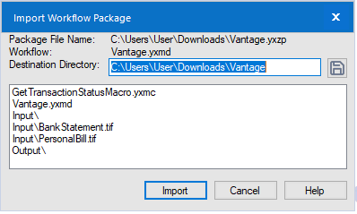 Alteryx Import Workflow Package dialog showing Vantage.yxzp as the package file and Vantage.yxmd as the workflow, with the destination directory field