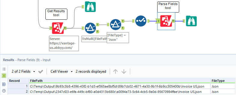 Alteryx workflow showing Get Results tool connected through filters to Parse Fields tool, with Results panel showing two FilePath rows with FileType Json