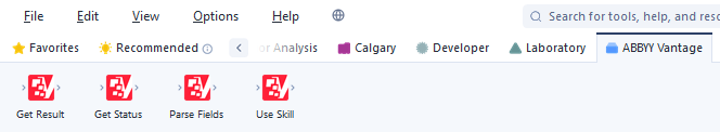 Alteryx Tool Palette showing the ABBYY Vantage tab with Get Result, Get Status, Parse Fields, and Use Skill tools