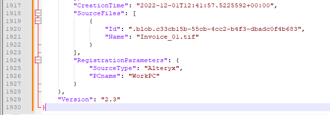 JSON output showing CreationTime, SourceFiles with file Id and Name, RegistrationParameters with SourceType and PCname, and Version fields