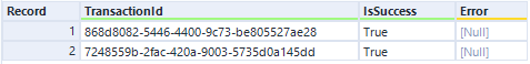 Use Skill output table showing two rows with TransactionId GUIDs, IsSuccess True, and Error Null