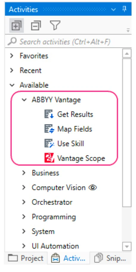 Activities panel showing the ABBYY Vantage section with Vantage Scope, Use Skill, Get Results, and Map Fields activities