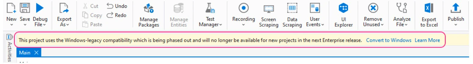 UiPath ribbon with Convert to Windows banner, and the Convert to Windows dialog box