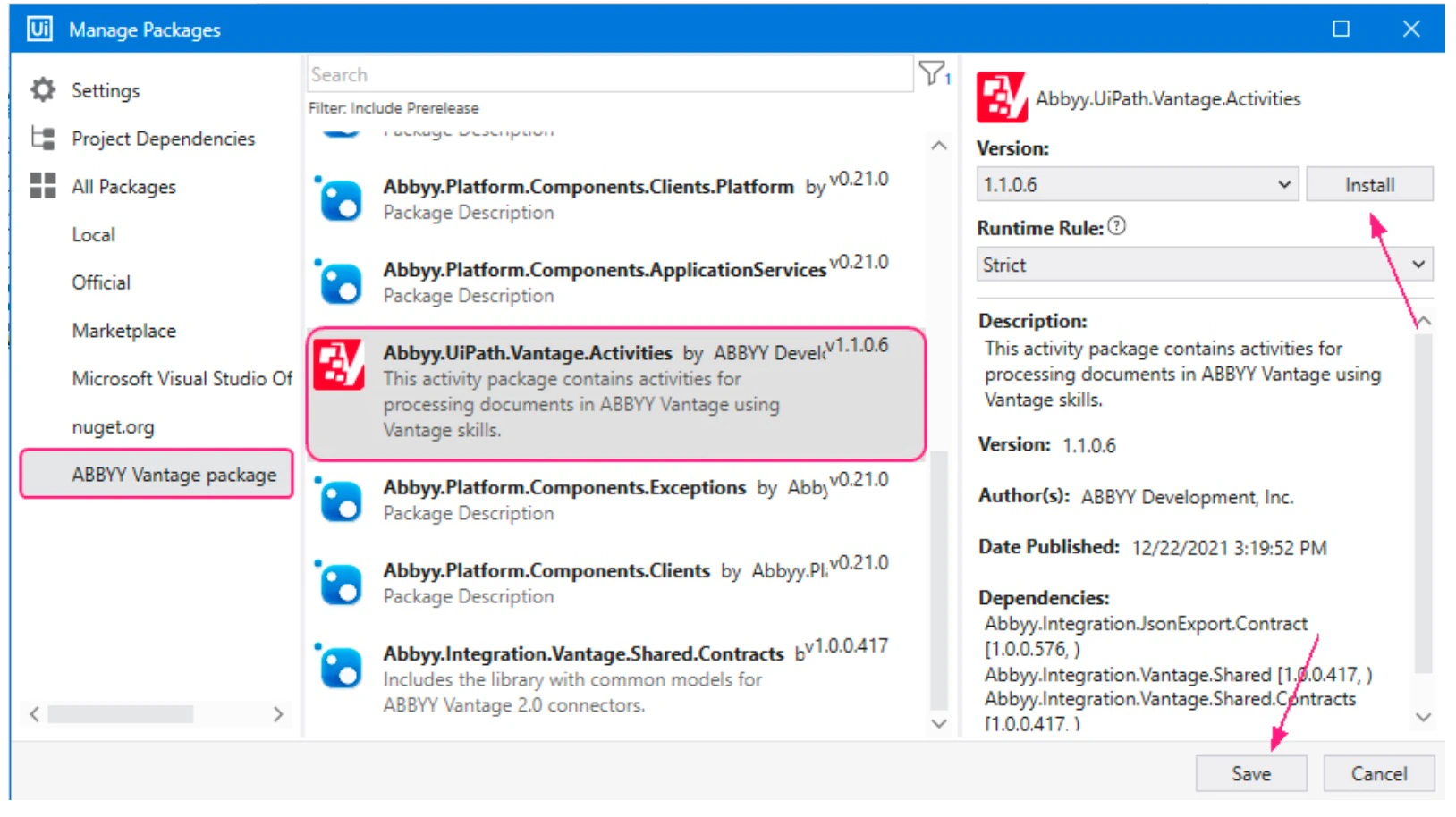 Manage Packages window showing Abbyy.UiPath.Vantage.Activities selected for installation