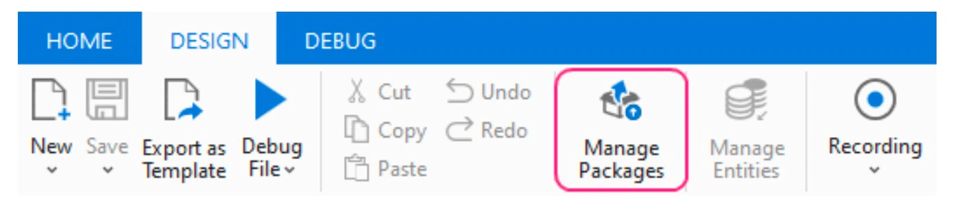 UiPath ribbon showing the Manage Packages button on the Design tab