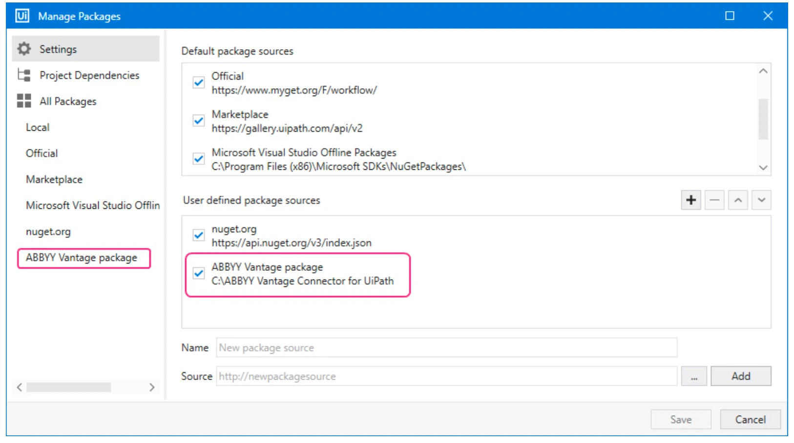 Manage Packages window showing Abbyy.UiPath.Vantage.Activities selected for installation