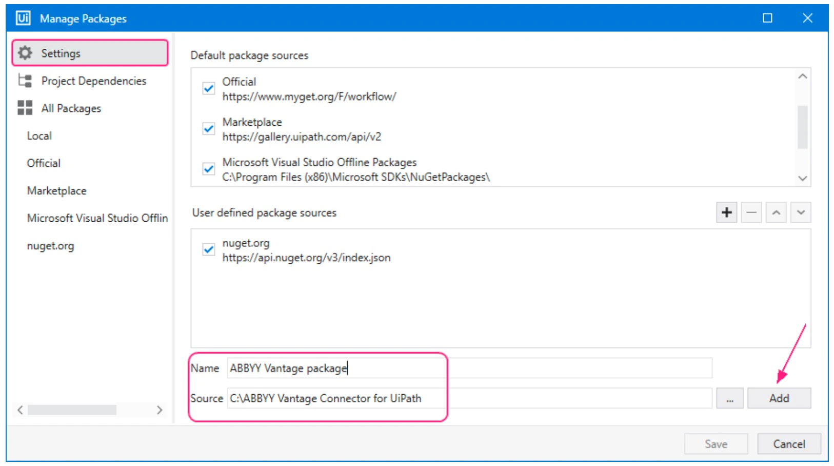 UiPath ribbon showing the Manage Packages button on the Design tab
