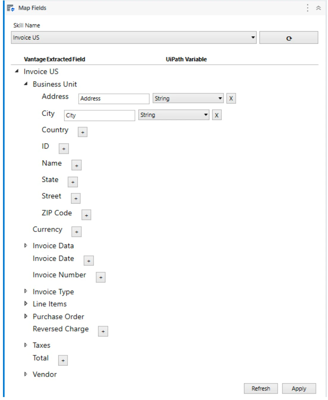 Map Fields activity showing the Vantage Extracted Field tree and UiPath Variable column