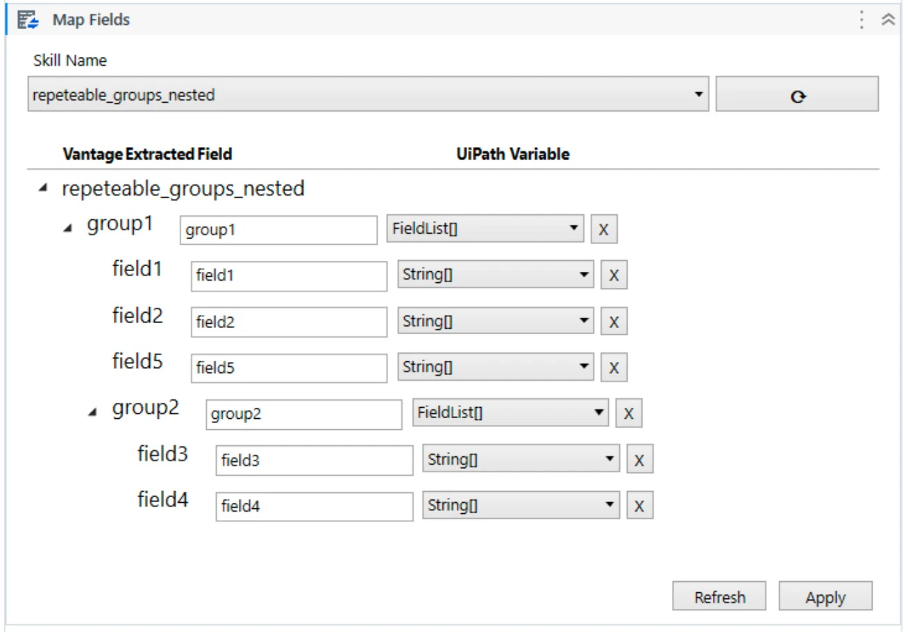 Map Fields activity showing the Vantage Extracted Field tree and UiPath Variable column