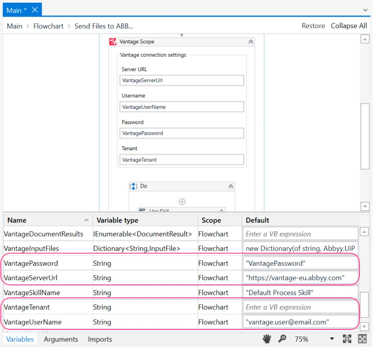 UiPath Designer showing the Vantage Scope activity with sample workflow variables filled in