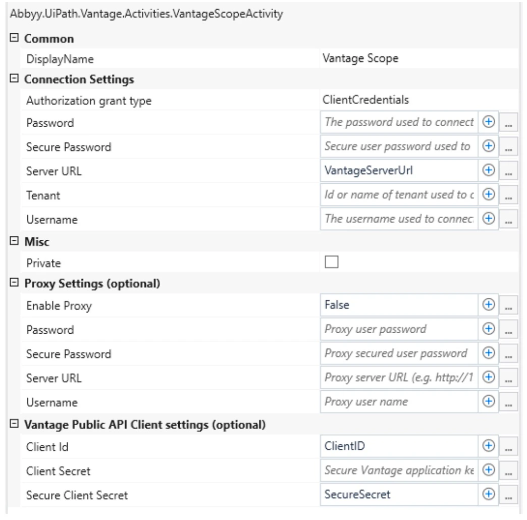 Vantage Scope activity fields for Client Credentials Flow