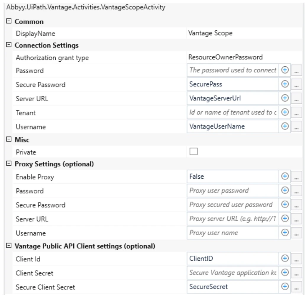 Vantage Scope activity fields for Resource Owner Password Credentials Flow