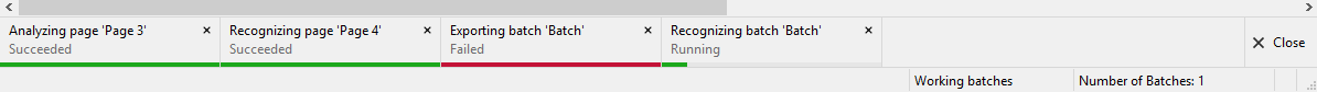 Screenshot of the ABBYY FlexiCapture background task panel listing analyzing, recognizing, and exporting tasks with their execution status, including Succeeded, Failed, and Running states.