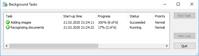 Screenshot of the ABBYY FlexiCapture Background Tasks dialog box, listing the queued background tasks with their progress and the End Task and View Log buttons.