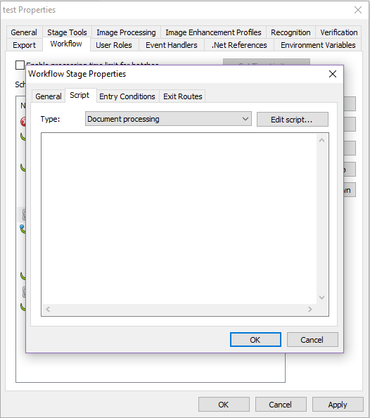 ABBYY FlexiCapture Project Setup Station の処理ステージの Script タブのスクリーンショット。Edit script ボタンが表示されています。