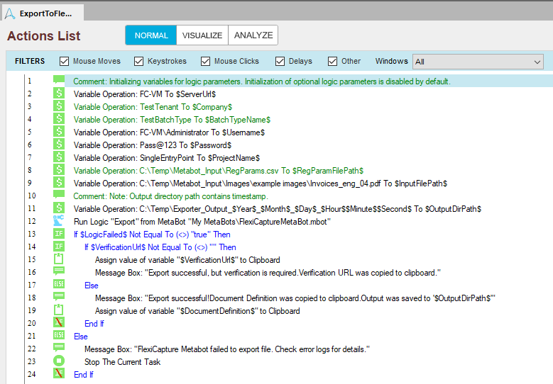 Screenshot der Beispielaufgabe ExportToFlexiCaptureExample im Automation Anywhere Task Editor mit ihrer Abfolge von Aktionen.
