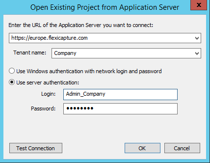 Screenshot of the Open Project from Server dialog box in the ABBYY FlexiCapture Project Setup Station, showing the FlexiCapture server address, Tenant name, Use server authentication option, and credential fields used to open a project from ABBYY FlexiCapture Cloud.