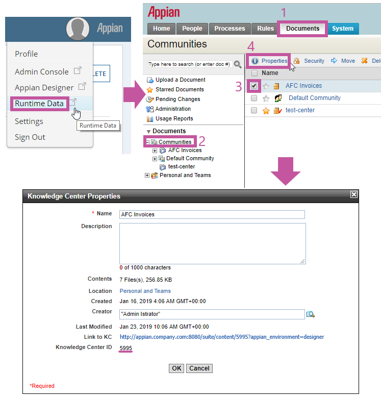 Screenshot of the Knowledge Center Properties dialog box in the Appian workspace, showing the ID of the selected knowledge center.