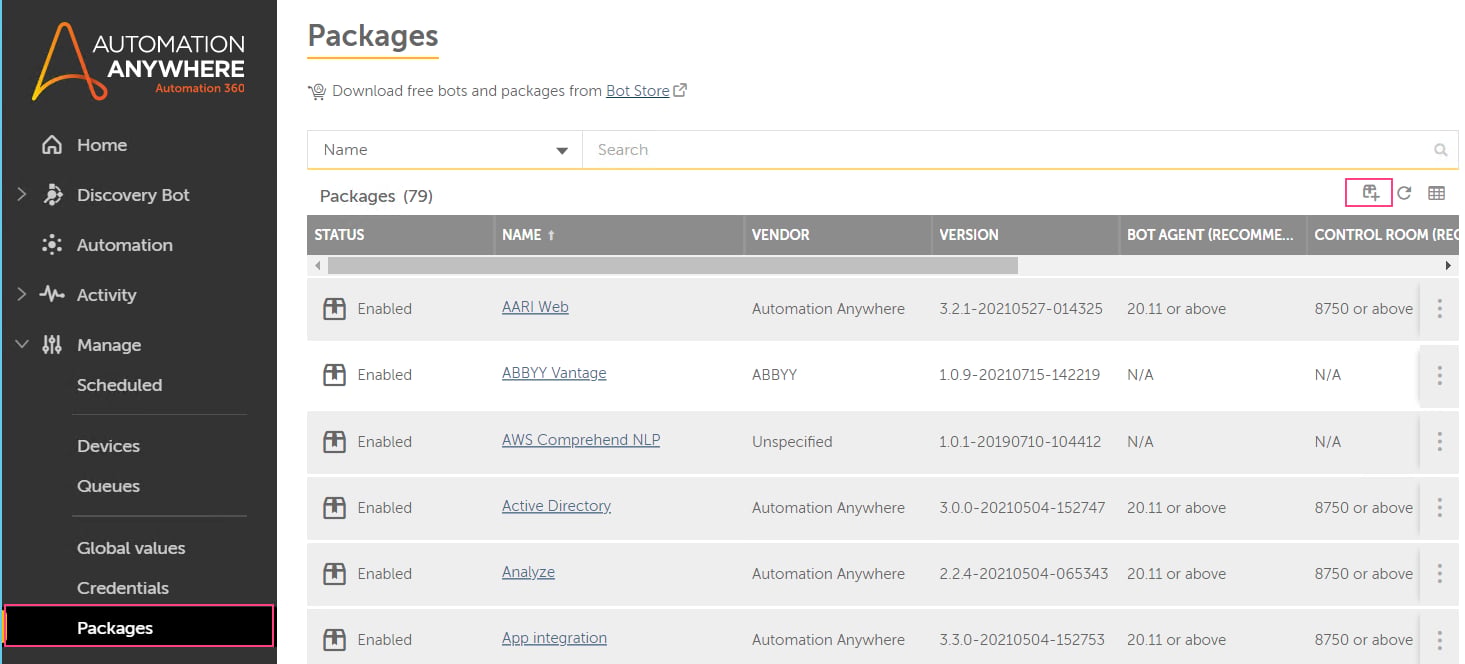 Automation Anywhere Control Room Packages page with the Packages item highlighted in the Manage menu and the Add package button highlighted