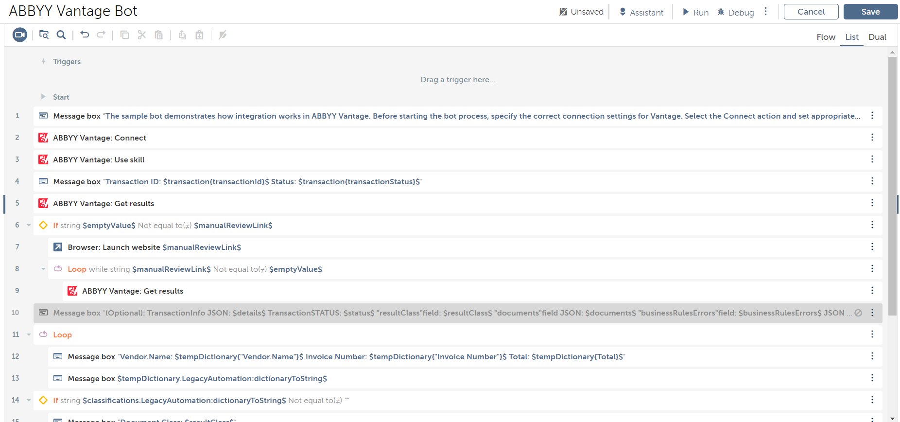 ABBYY Vantage Bot open in the Automation Anywhere Bot editor, showing the numbered action steps including ABBYY Vantage Connect, Use skill, and Get results