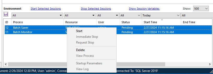 Screenshot of the Environment window in Blue Prism, showing the Batch Monitor and Batch Saver processes assigned to a resource with Pending status.