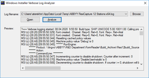 Screenshot des Dienstprogramms Wilogutl mit einer zur Analyse ausgewählten Protokolldatei