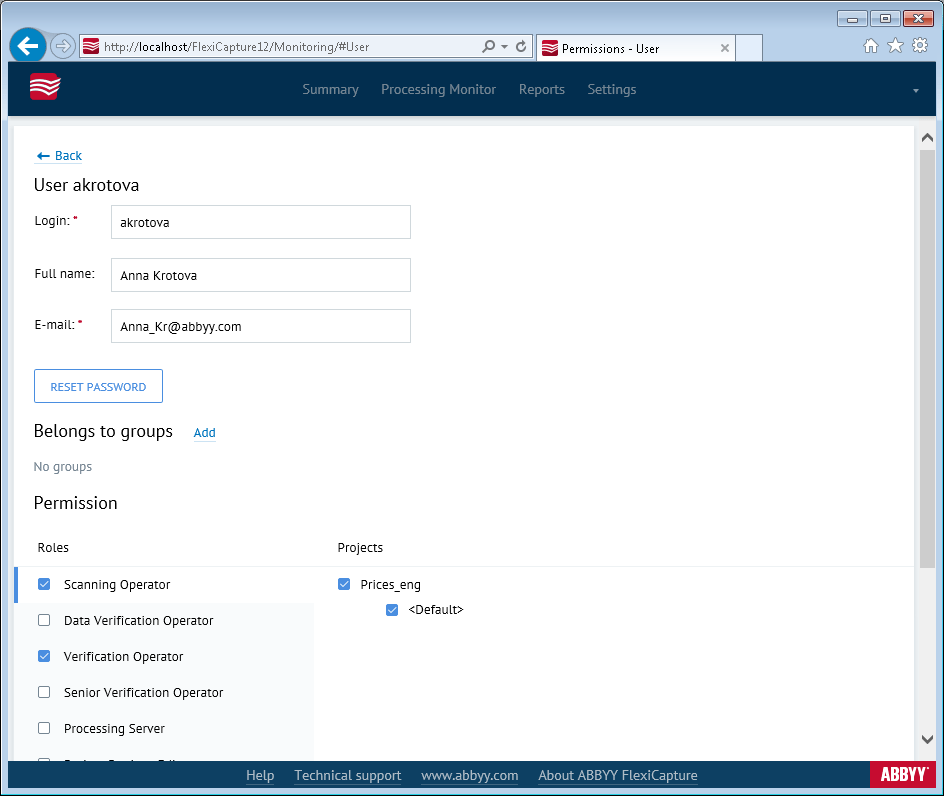Screenshot of the user roles and access rights page in the Administration and Monitoring Console, showing assigned roles and project and batch-type permissions.