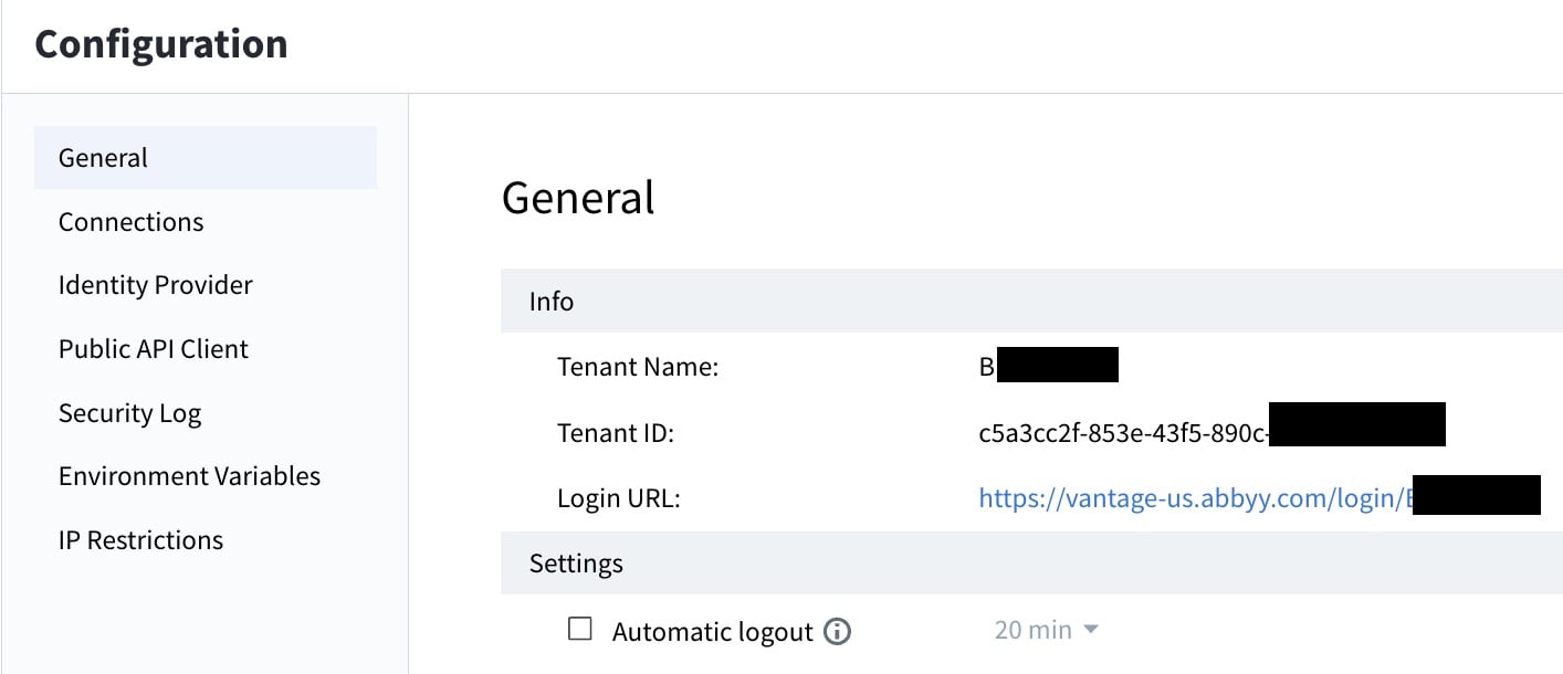 ABBYY Vantage Tenant Configuration screen