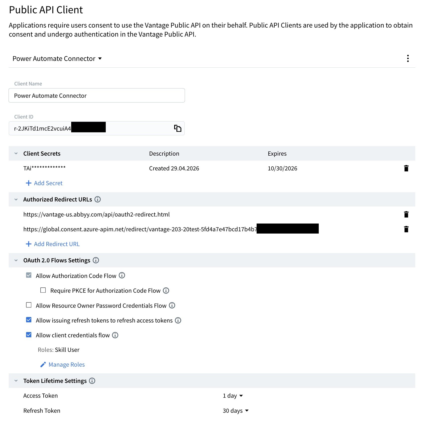 ABBYY Vantage Public API client screen