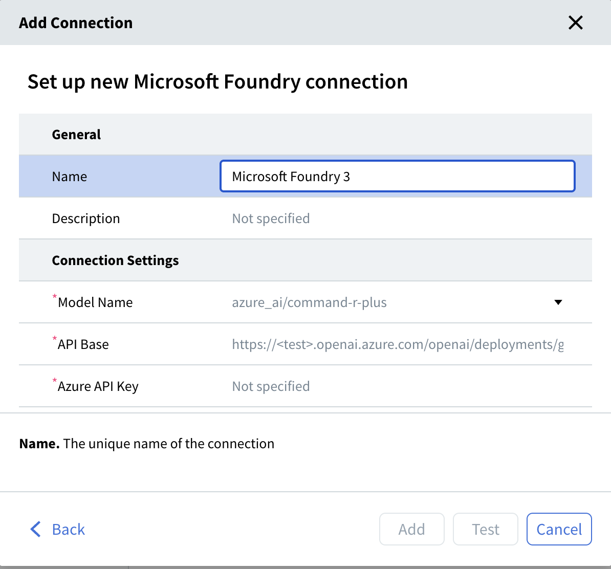 Set up new Microsoft Foundry connection form, showing the General section and the Model Name, API Base, and Azure API Key connection settings