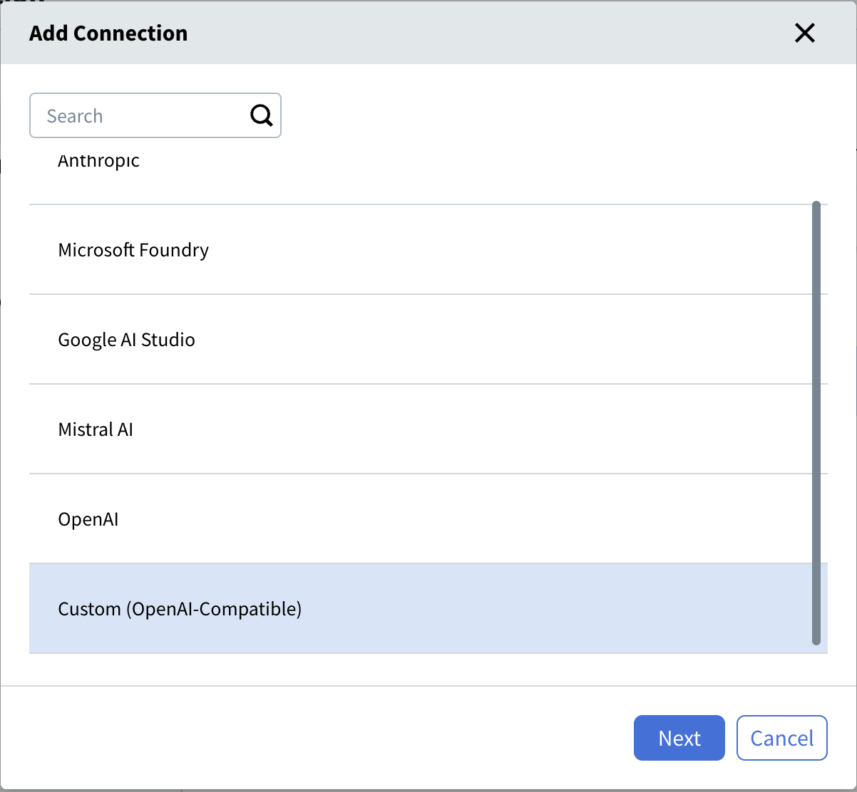 Add Connection dialog listing the Anthropic, Microsoft Foundry, Google AI Studio, Mistral AI, OpenAI, and Custom (OpenAI-Compatible) providers