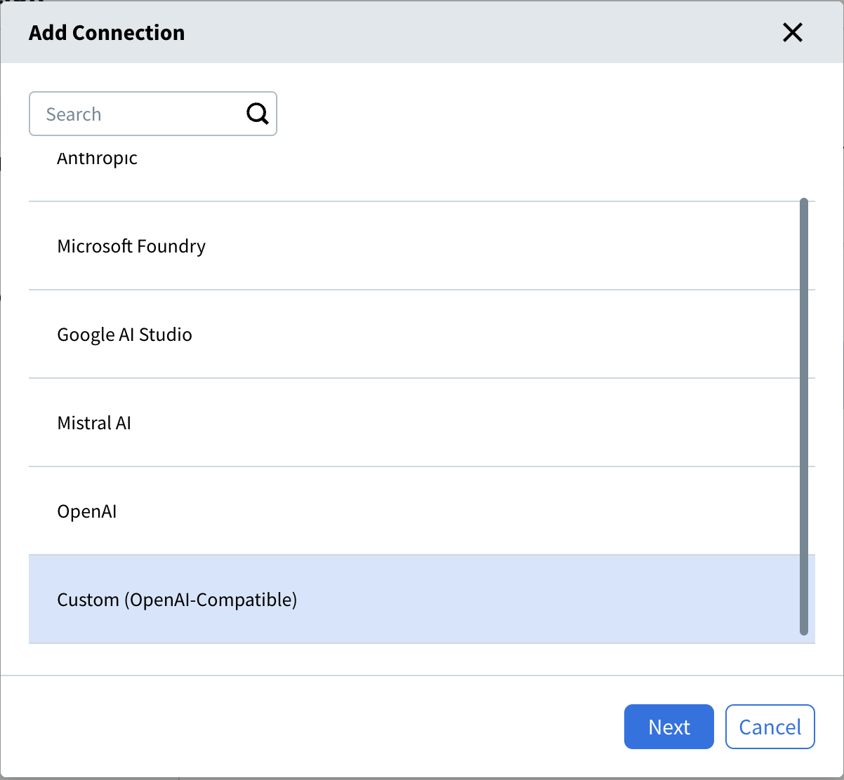 Add Connection dialog listing the Anthropic, Microsoft Foundry, Google AI Studio, Mistral AI, OpenAI, and Custom (OpenAI-Compatible) providers