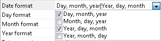 Screenshot of a complex parameter in the Properties pane, where the Date format value combines several pre-determined values selected from a drop-down list and separated by a vertical line.