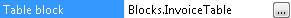 Screenshot of a FlexiLayout element parameter in the Properties pane, where the Table block value references Blocks.InvoiceTable and an ellipsis button opens a dialog for selecting a tree node.