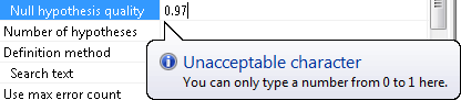Screenshot of a number parameter in the Properties pane, where the Null hypothesis quality value is being edited and an Unacceptable character notification warns that only a number from 0 to 1 is allowed.